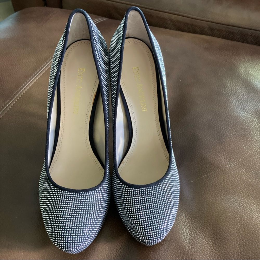 ENZO ANGIOLINI Silver Black Studded Metallic Bling Platform Pump Size 7.5M